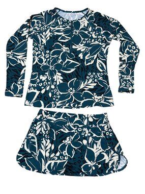 Garnet Hill Rashguard & Skirt Bottoms Swim Suit Set Blue Hawaiian Floral Leopard